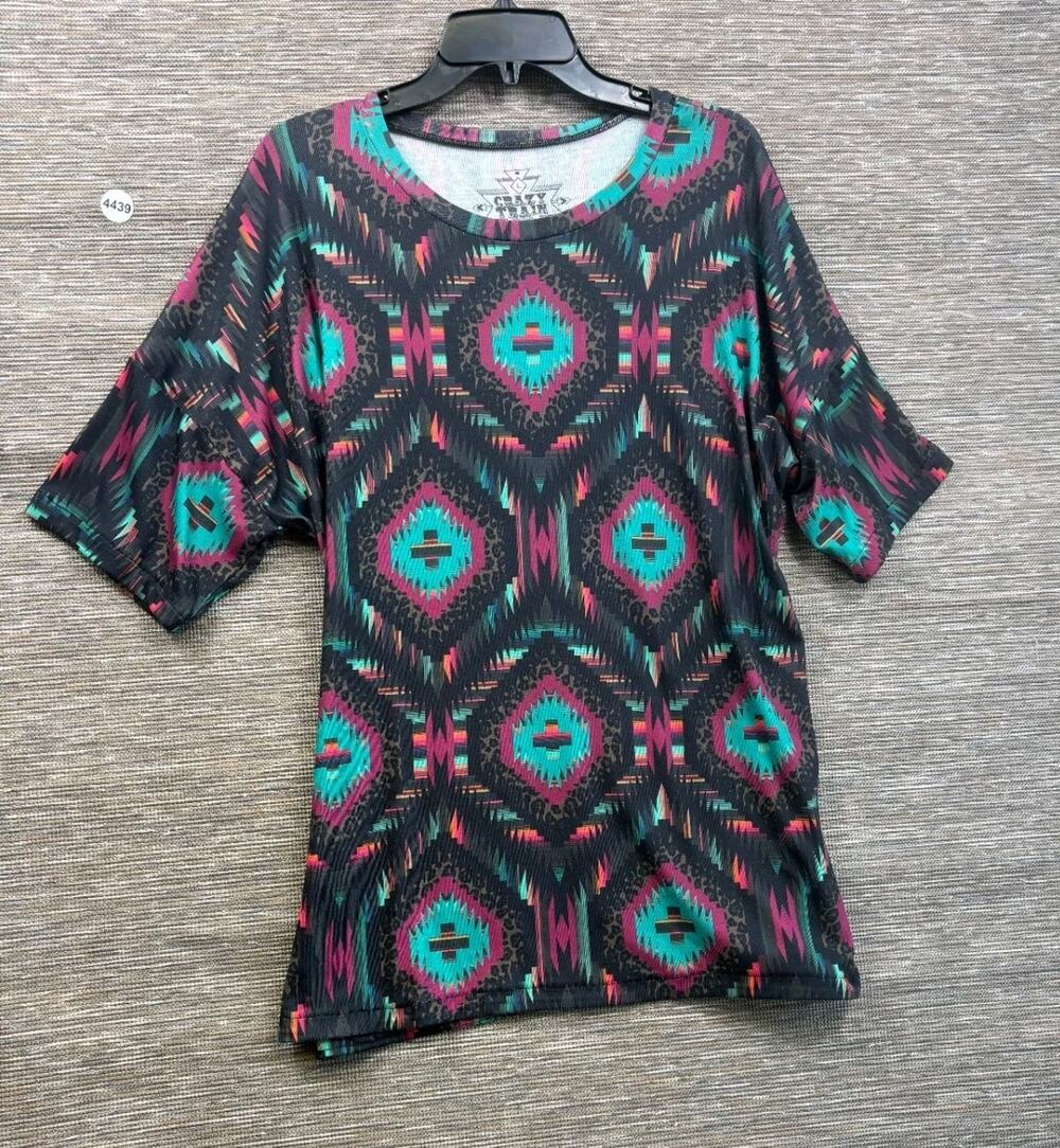Crazy Train Top Womens Size L Multicolor Aztec Print 3/4 Sleeve Casual Boho